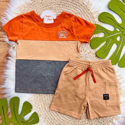 Conj. Camiseta Hello Summer e Bermuda em Moletinho - Laranja e Areia